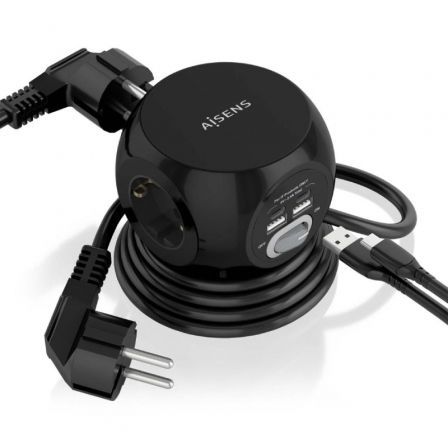 Aisens Regleta de Sobremesa ASPS-2A2C05-BK con 3 Tomas y 4 Puertos USB, Negro